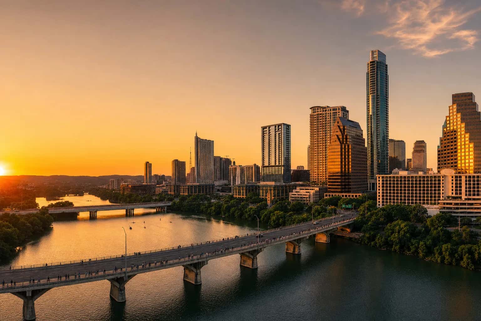 Austin skyline at sunset over Lady Bird Lake